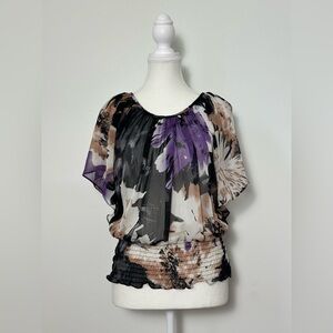 BIZZ GIRL Y2K Dark Floral Whimsigoth Sheer Flowy Banded Blouse Size M‎